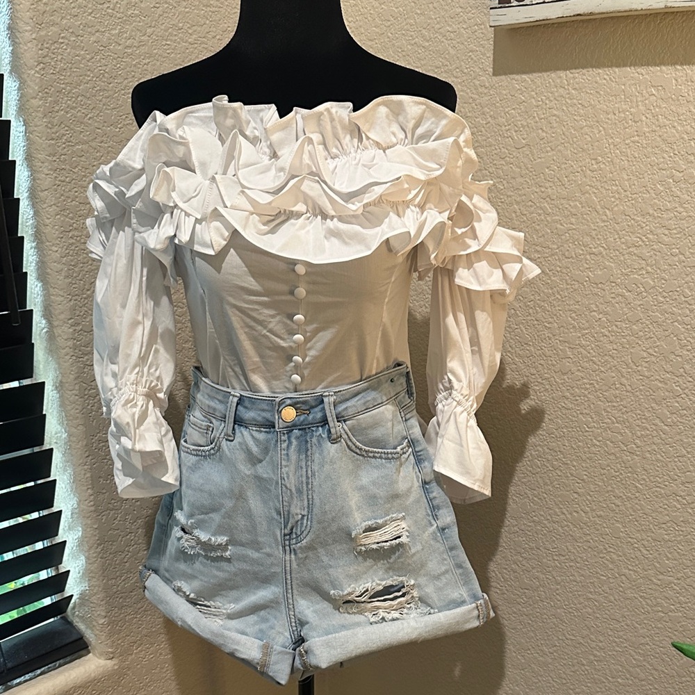 New York & Company White Ruffled Off-Shoulder Blouse